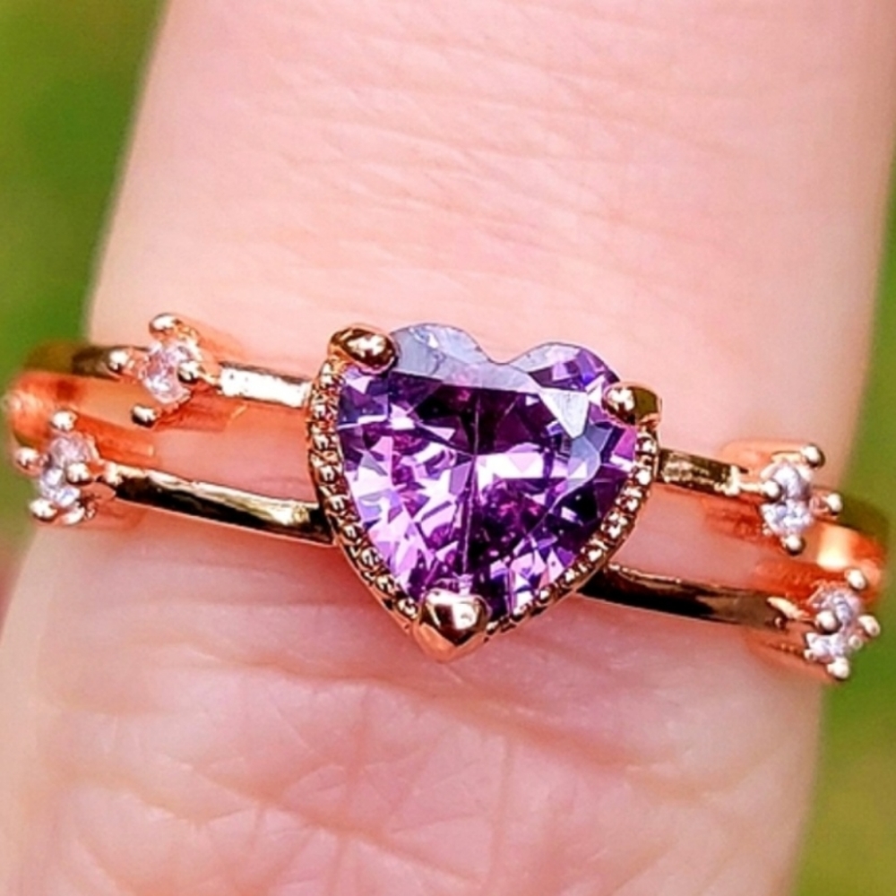 Hazy Love Purple Amethyst Heart Diamond 925 Rose Gold Ring Size 6.5